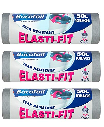Bacofoil 3 x Elasti-fit Bin Liners 50L Kitchen Bins 10 Bags on a Roll Total 30 Bags…